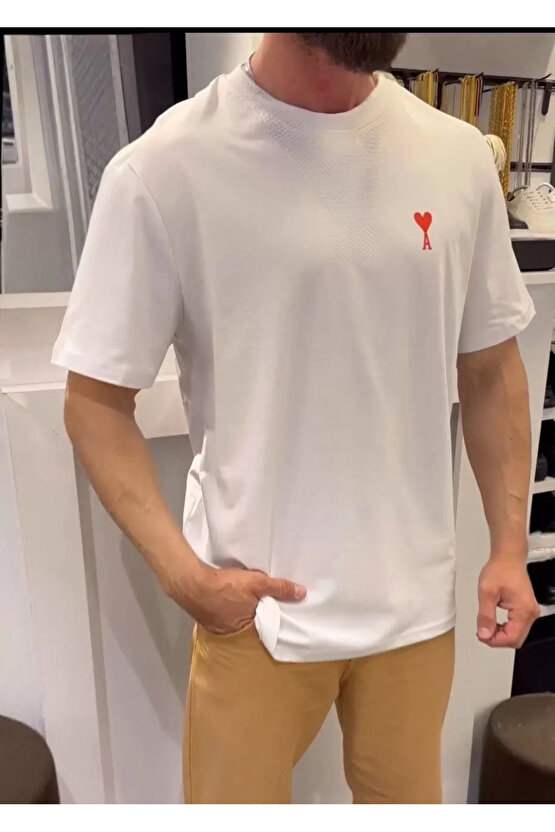 Unisex Bisiklet Yaka Baskılı Oversize T-Shirt - Beyaz