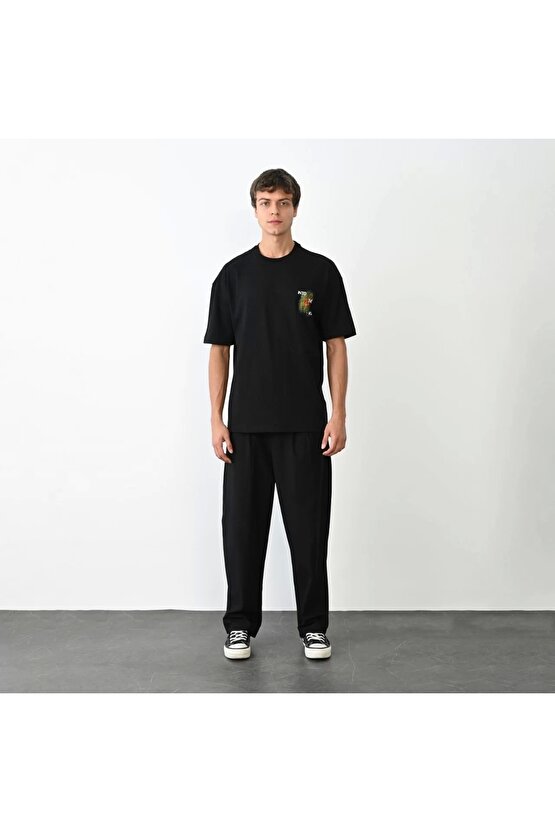 Unisex Bisiklet Yaka Baskılı Oversize T-Shirt - Siyah