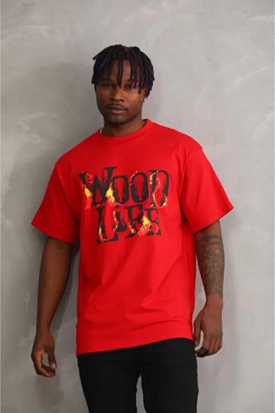 Unisex Baskılı Oversize T-Shirt - Kırmızı