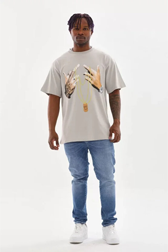 Edolika Unisex Baskılı Oversize T-Shirt - Gri