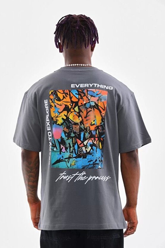 Unisex Bisiklet Yaka Baskılı Oversize T-Shirt - Gri