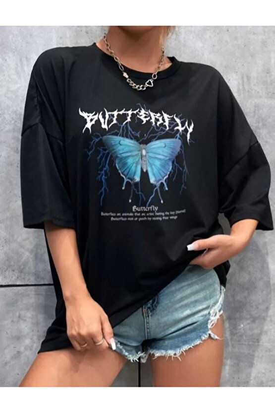 Unisex Baskılı Oversize T-Shirt - Siyah