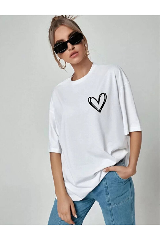 Unisex Baskılı Oversize T-Shirt - Beyaz
