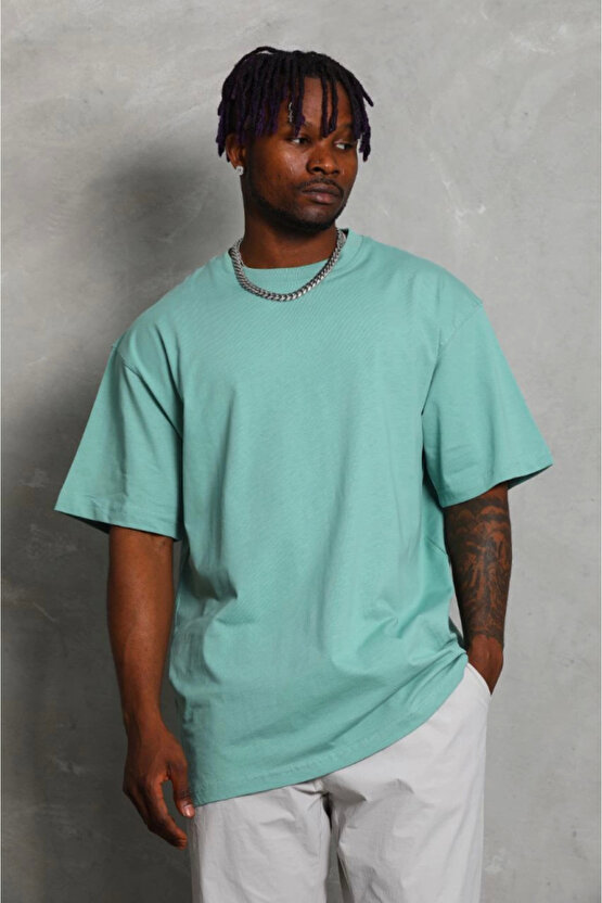 Unisex Oversize Düz Bisiklet Yaka T-Shirt - Mint Yeşili