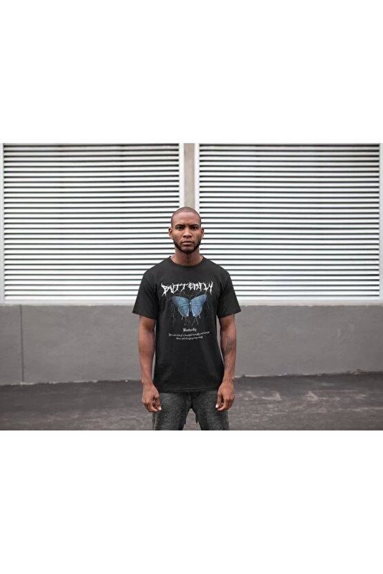 Unisex Bisiklet Yaka Baskılı Oversize T-Shirt - Siyah