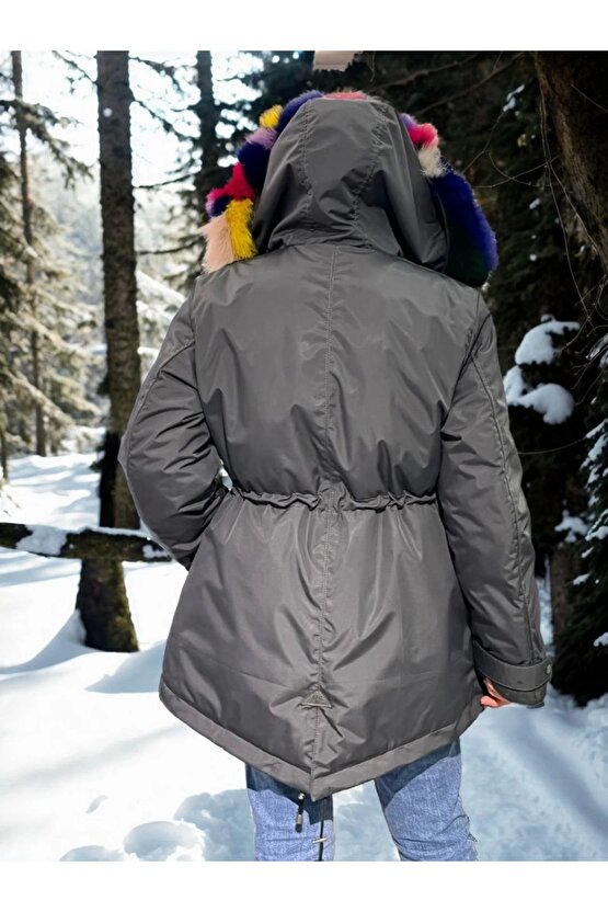 Kadın Su Geçirmez Kapüşonlu Mont - Füme