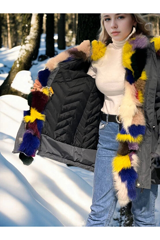 Kadın Su Geçirmez Kapüşonlu Mont - Füme