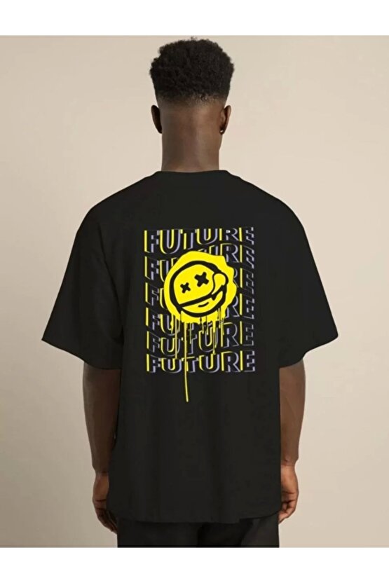 Unisex Bisiklet Yaka Baskılı Oversize T-Shirt - Siyah