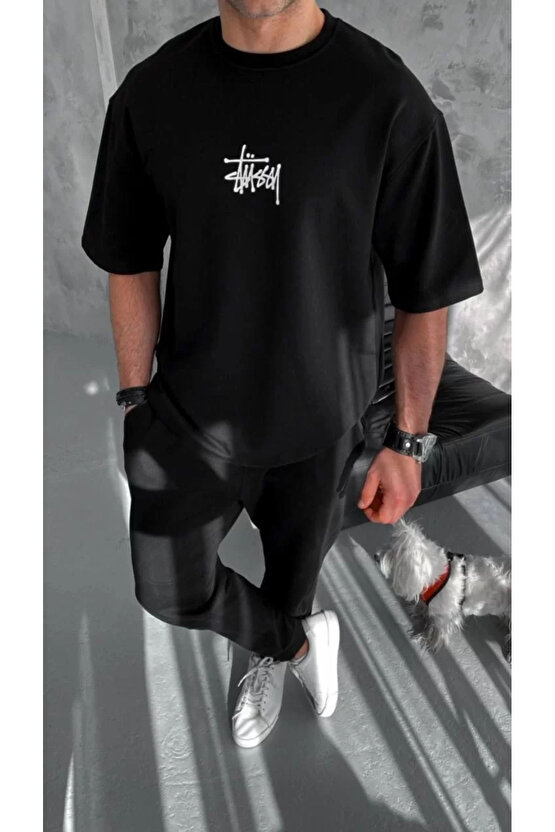 Unisex Bisiklet Yaka Baskılı Oversize T-Shirt - Siyah