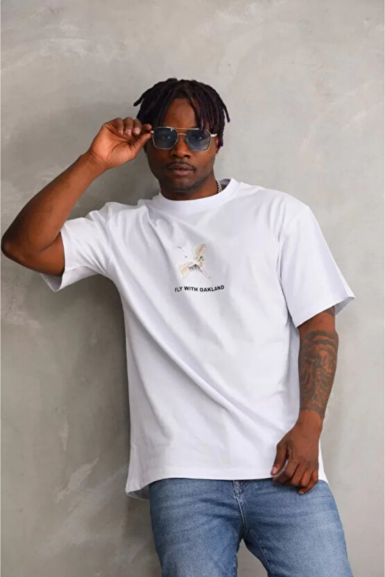 Unisex Baskılı Oversize T-Shirt - Beyaz