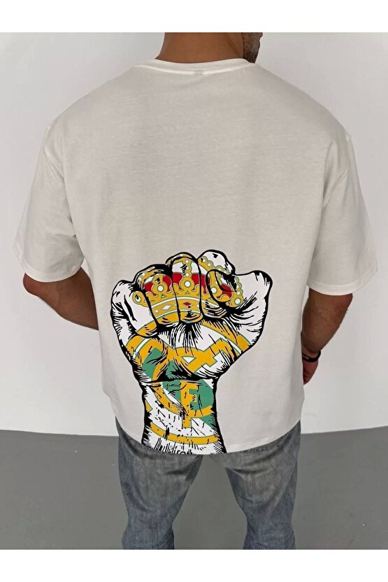 Unisex Bisiklet Yaka Baskılı Oversize T-Shirt - Beyaz