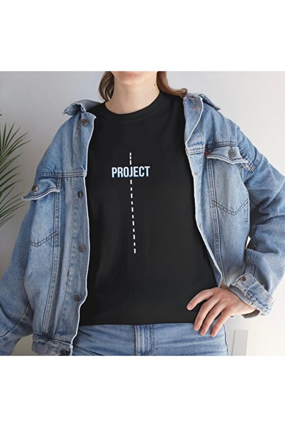 Unisex Kadın Bisiklet Yaka Baskılı T-Shirt - Siyah