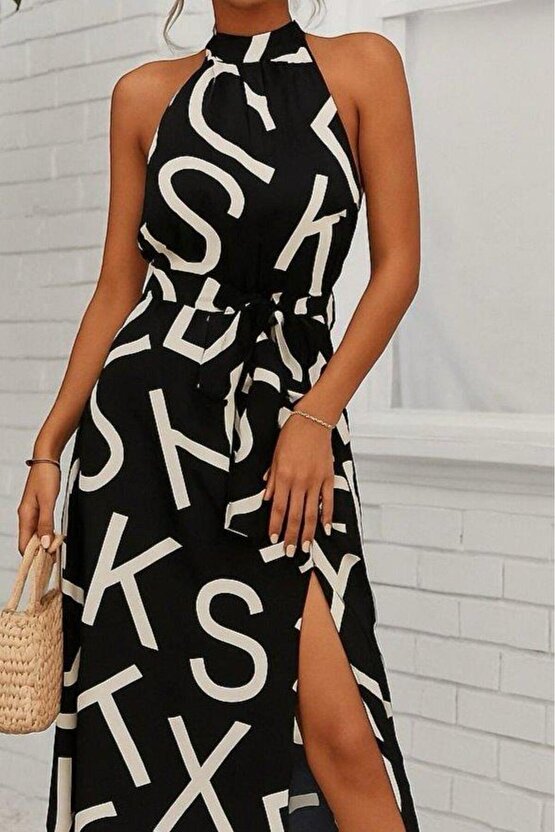 Kadın Omuzlardan Açık Halter Yakalı Yırtmaçlı çiçek Desenli Süprem Elbise