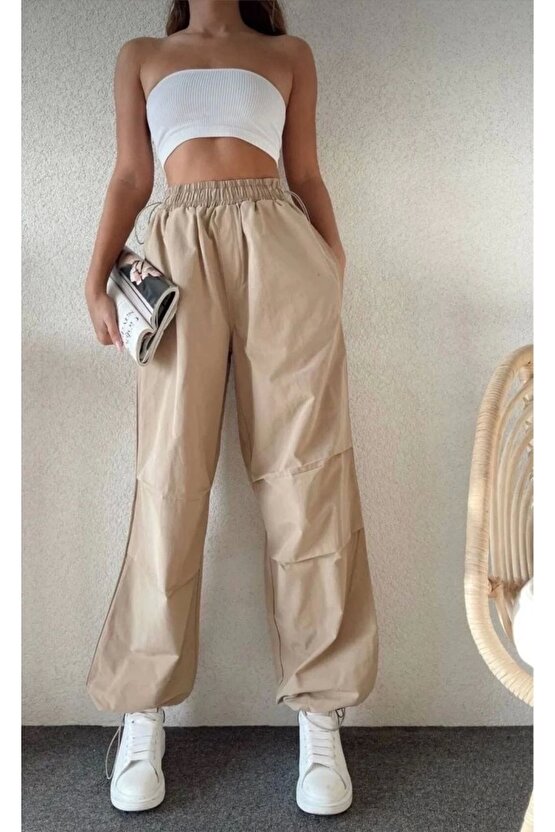 Kadın Cepli Paraşut Pantalon - Bej