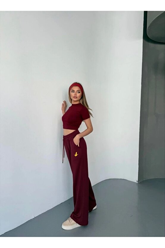 Osy Modal Yumuşak Dokulu Kumaş Nakış işlemeli Rahat Bol Paça Eşofman Pantalon - Bordo