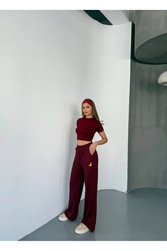 Osy Modal Yumuşak Dokulu Kumaş Nakış işlemeli Rahat Bol Paça Eşofman Pantalon - Bordo