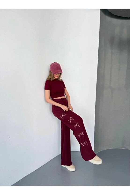 Osy Modal Yumuşak Dokulu Kumaş Nakış işlemeli Rahat Bol Paça Eşofman Pantalon - Bordo