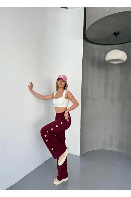 Osy Modal Yumuşak Dokulu Kumaş Nakış işlemeli Rahat Bol Paça Eşofman Pantalon - Bordo