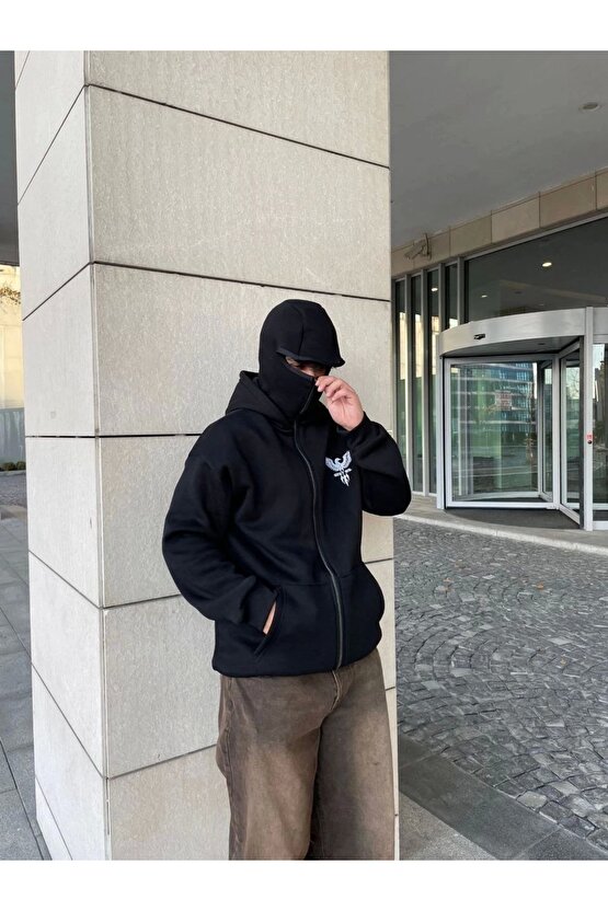 Samuray kapüşonlu ZIP Fermuarlı kapüşonlu SweatShirt - Siyah
