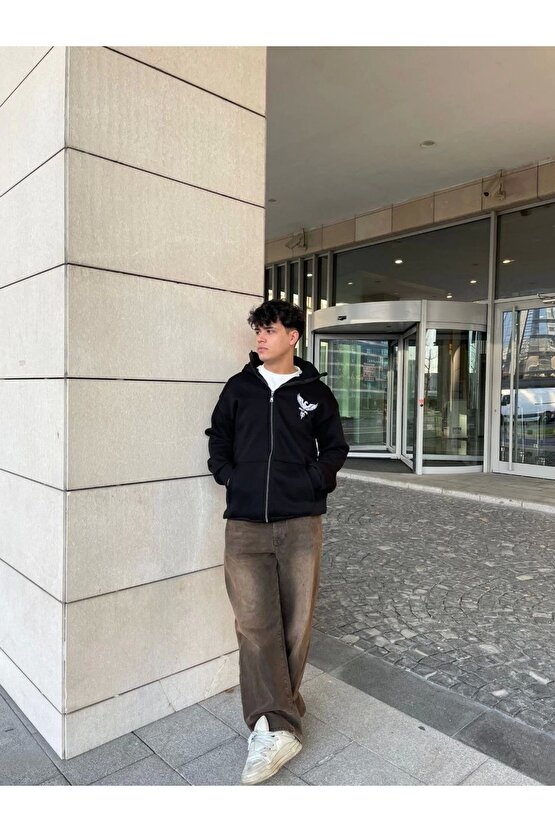 Samuray kapüşonlu ZIP Fermuarlı kapüşonlu SweatShirt - Siyah