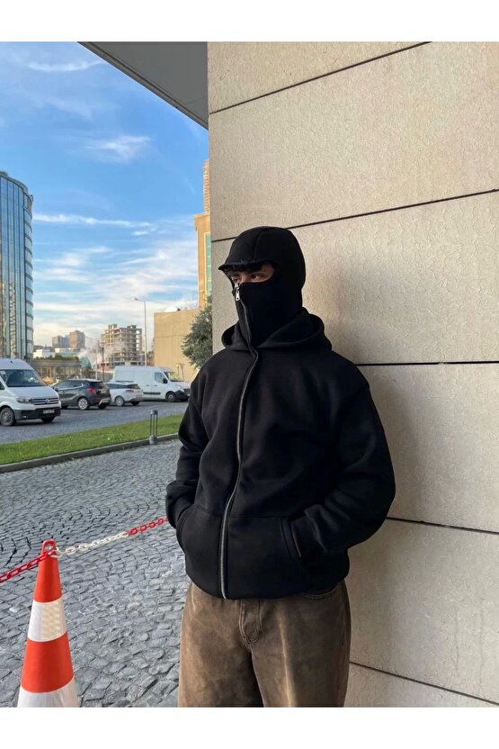 Samuray Kapüşonlu ZIP Fermuarlı Kapüşonlu SweatShirt - Siyah