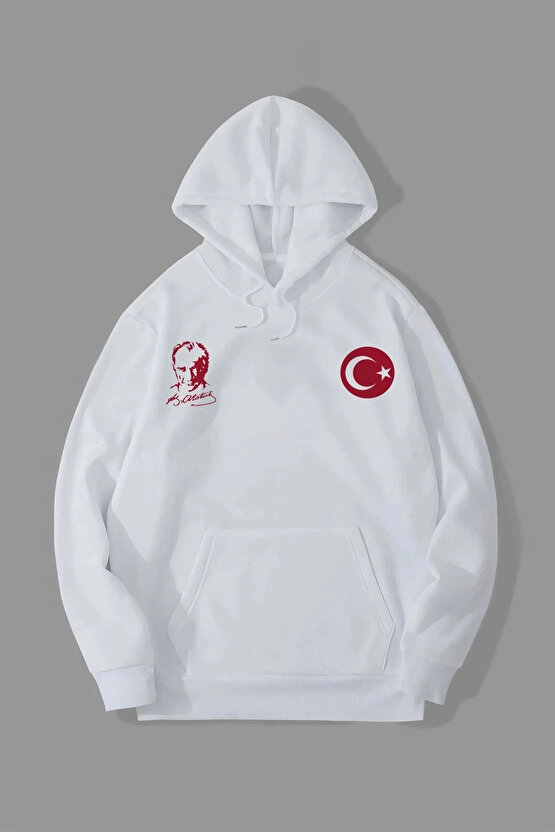 10 Kasıma Özel Üç İplik Kapüşonlu Baskılı SweatShirt - Beyaz