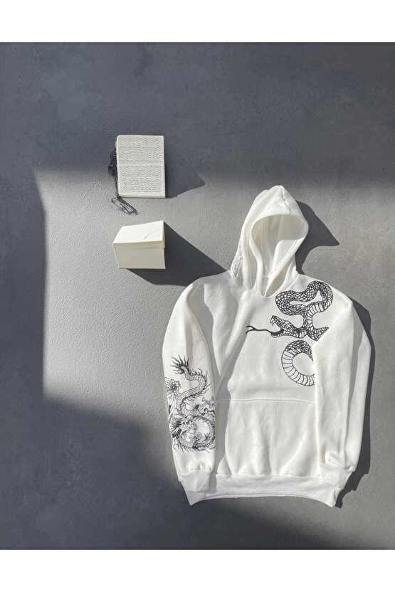 Uzun Kol Kapüşonlu Baskılı SweatShirt - Beyaz