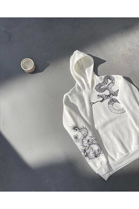 Uzun Kol Kapüşonlu Baskılı SweatShirt - Beyaz