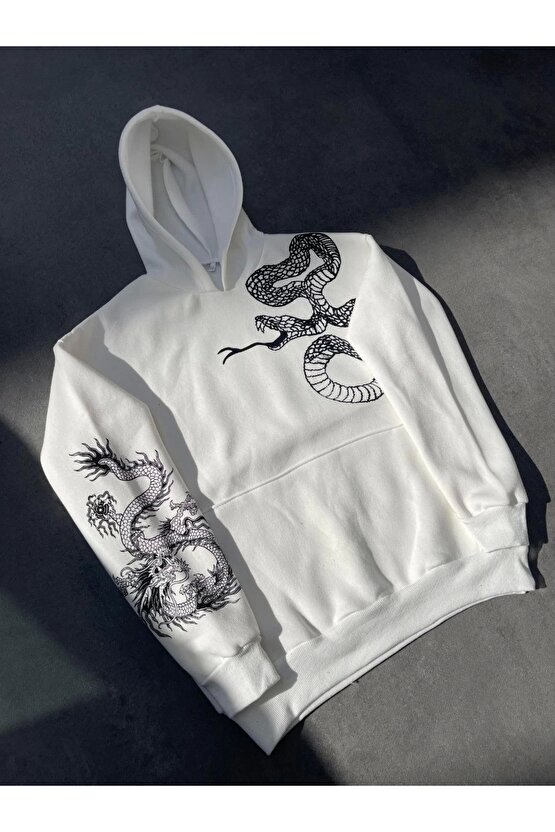 Uzun Kol Kapüşonlu Baskılı SweatShirt - Beyaz