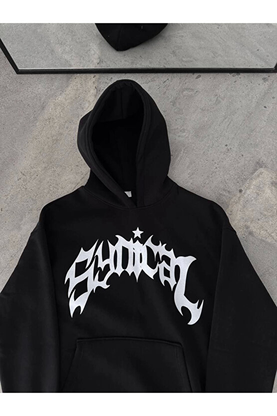 Kışlık Kapüşonlu Baskılı Oversize SweatShirt- Siyah