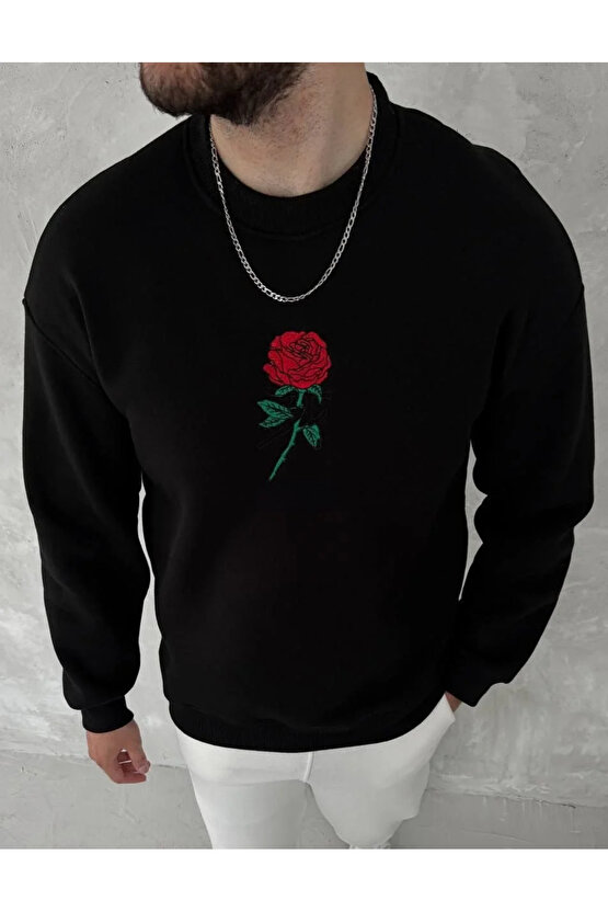 Unisex Bisiklet Yaka Ön Ve Arka Baskılı SweatShirt - Siyah