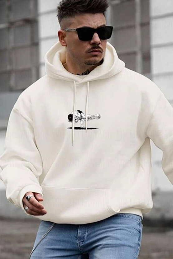MDB Erkek Baskılı Kapüşonlu Ve Kordon İpli weat Beyaz