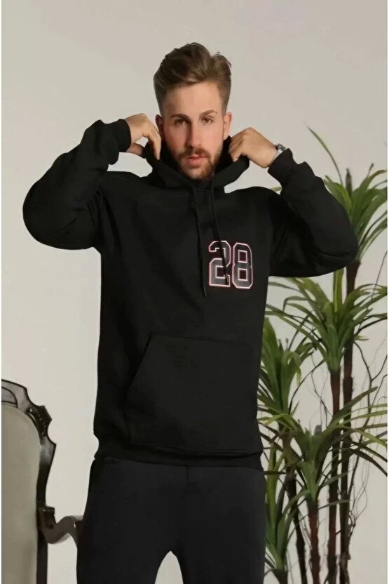 Unisex Kapşonlu Baskılı Sweetshirt - Siyah