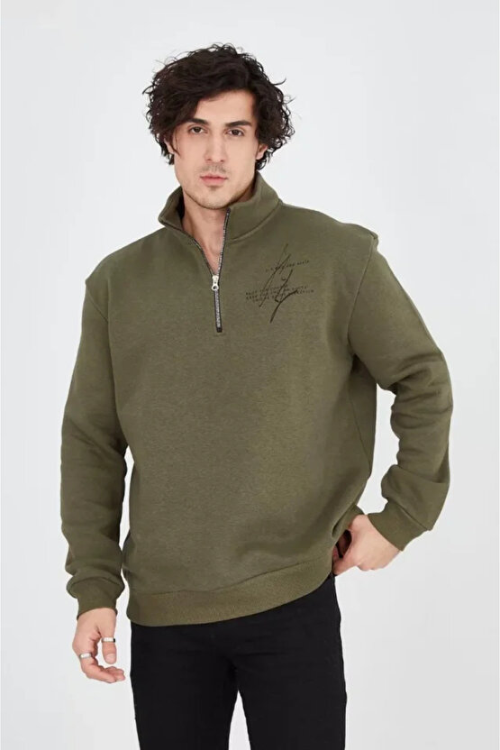 MDB Erkek Yarım Fermuarlı Baskılı weat Yeşil