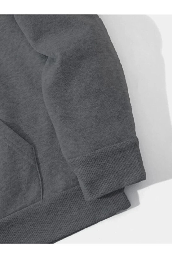 Erkek Düz Kapüşonlu Sweat - Füme