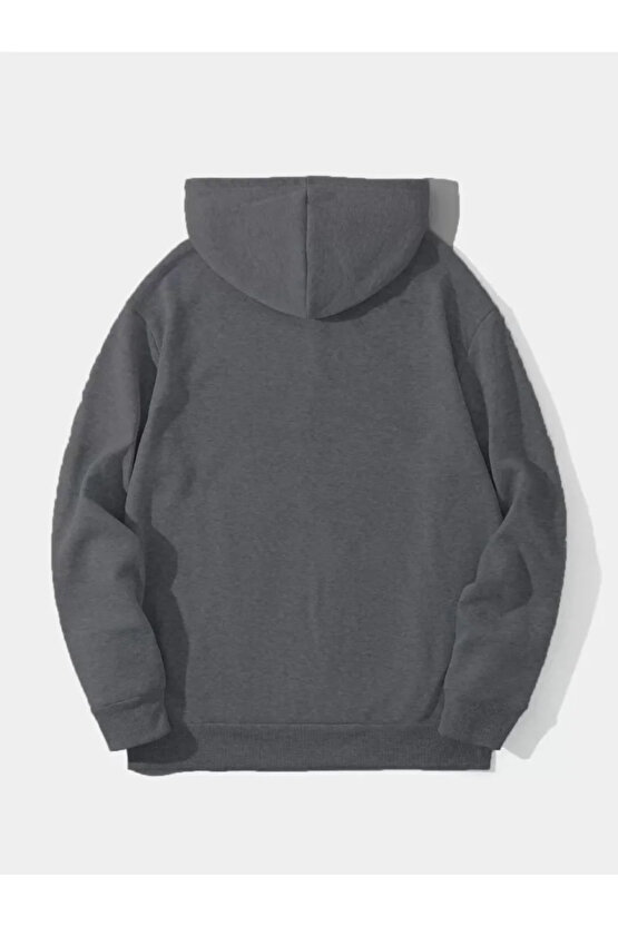 Erkek Düz Kapüşonlu Sweat - Füme