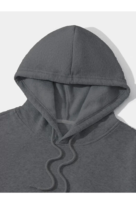 Erkek Düz Kapüşonlu Sweat - Füme