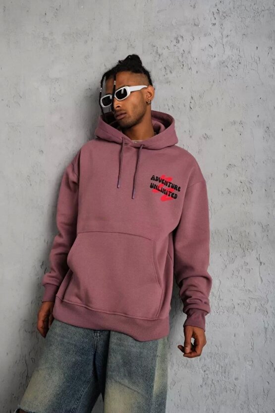 Erkek Şapkalı Güvercin Baskılı Kapşonlu Sweat - Gül Kurusu