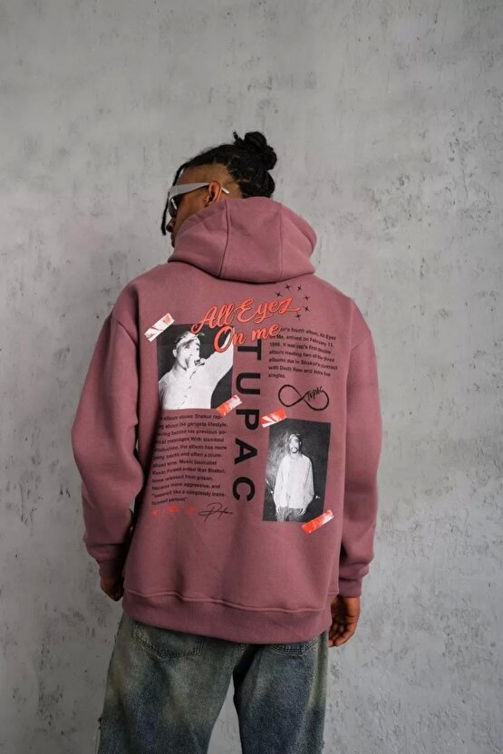 Erkek Ön Arka Baskılı Kapşonlu Sweat - Gül Kurusu