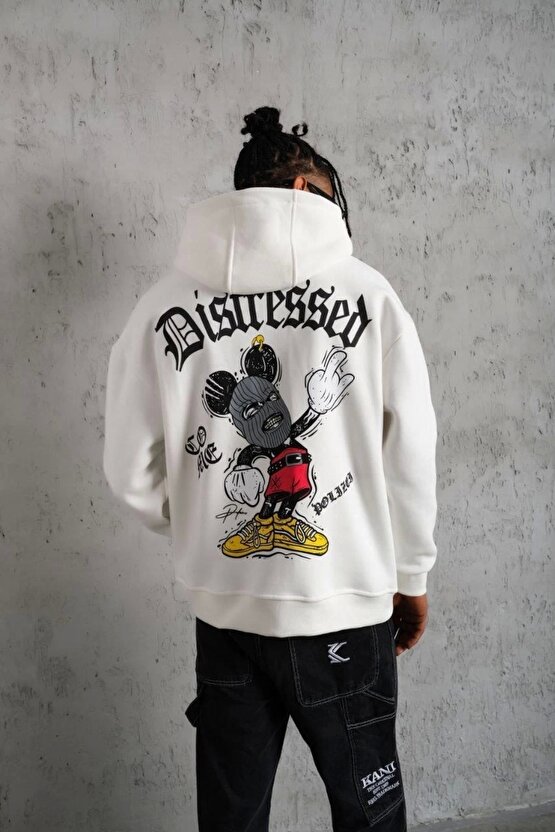 Erkek Üç İplik Baskılı Kapüşonlu Sweat - Beyaz