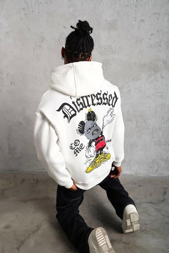 Erkek Üç İplik Baskılı Kapüşonlu Sweat - Beyaz