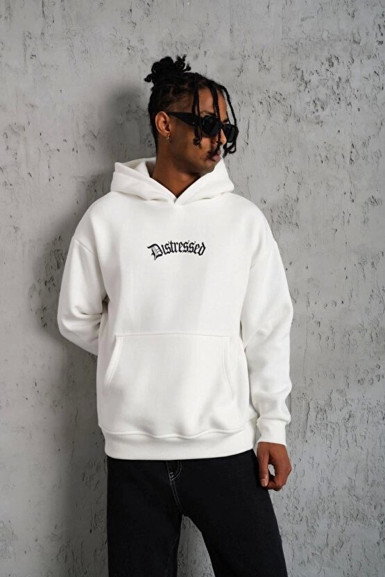 Erkek Üç İplik Baskılı Kapüşonlu Sweat - Beyaz