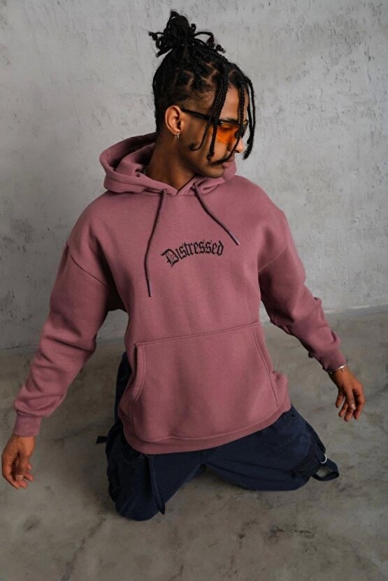 Erkek Üç İplik Baskılı Kapüşonlu Sweat - Gül Kurusu