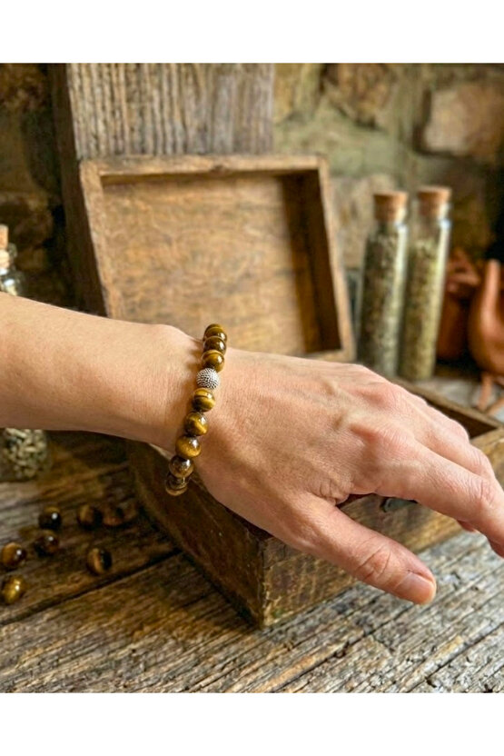 Kaplan Gözü Doğal Taş Bileklik - Güç ve Cesaret Taşı - Gümüş Detaylı Unisex Tasarım