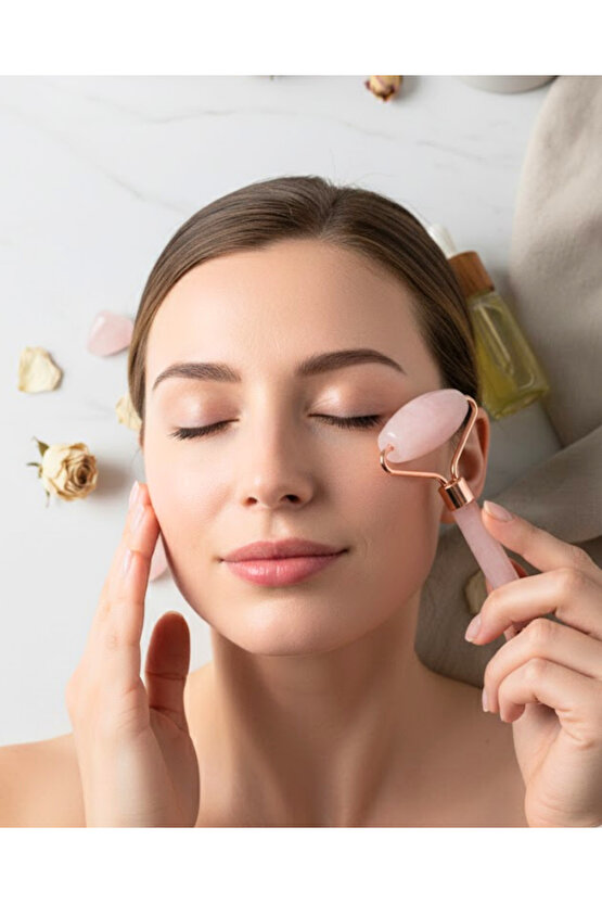 Doğal Pembe Kuvars Çift Taraflı Yüz Masaj Rollerı - ve Sıkılaştırıcı Bakım Taşı