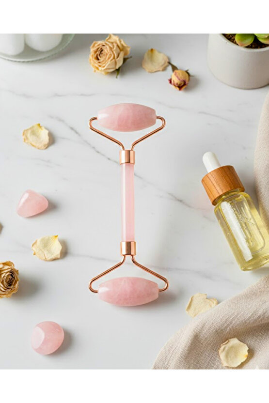 Doğal Pembe Kuvars Çift Taraflı Yüz Masaj Rollerı - ve Sıkılaştırıcı Bakım Taşı