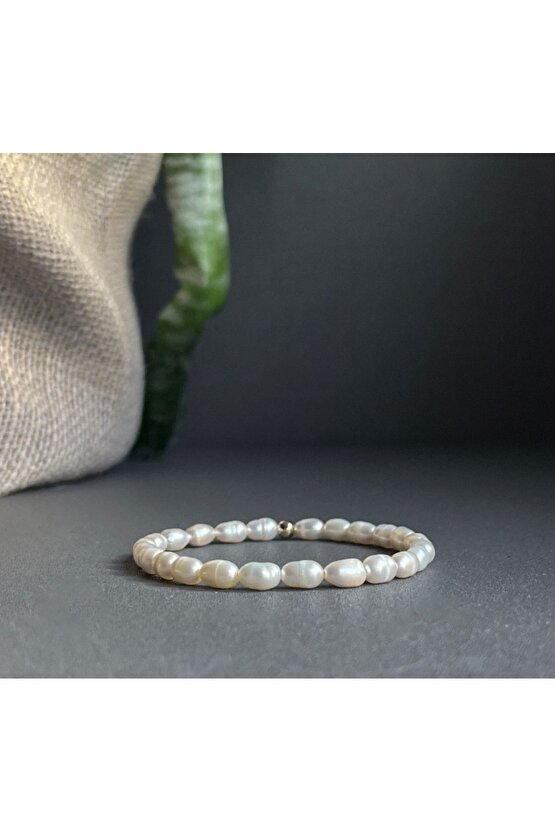 Gold Boncuk Detaylı Lastikli Gerçek İncili Bileklik