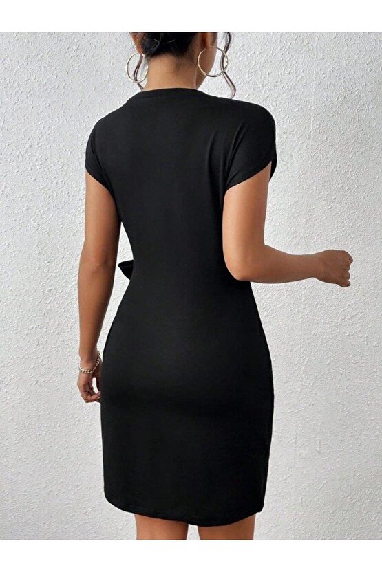 Kadın Kısa Kap Kollu Bisiklet Yaka Belden Bağlamalı Modal Mini Elbise