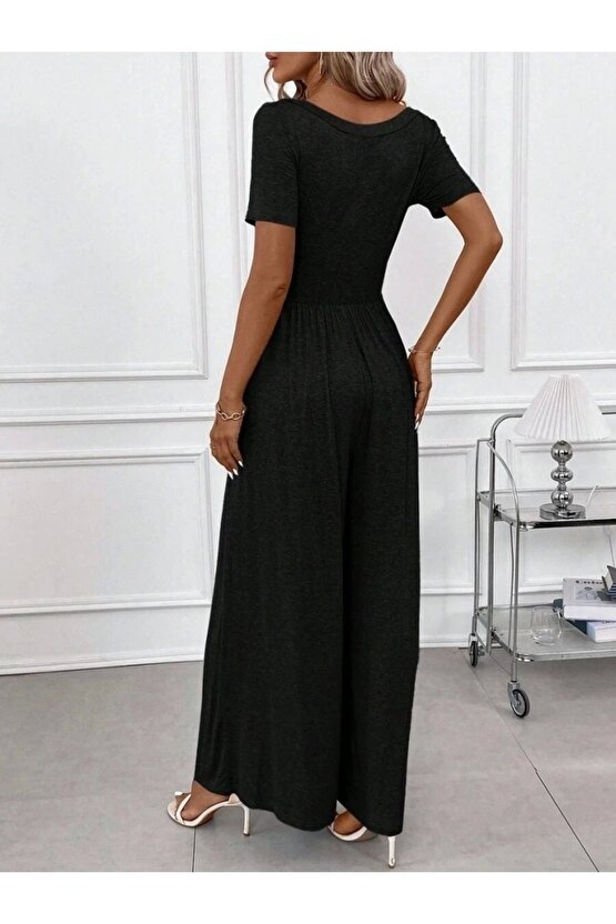 Kadın Kısa Kollu Yuvarlak Yaka Geniş Paçalı Bürümcük Tulum