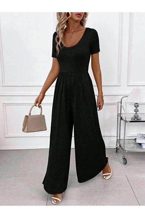 Kadın Kısa Kollu Yuvarlak Yaka Geniş Paçalı Bürümcük Tulum